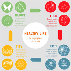 eco life icon set with building, flowers, car, tree, bird, sun,