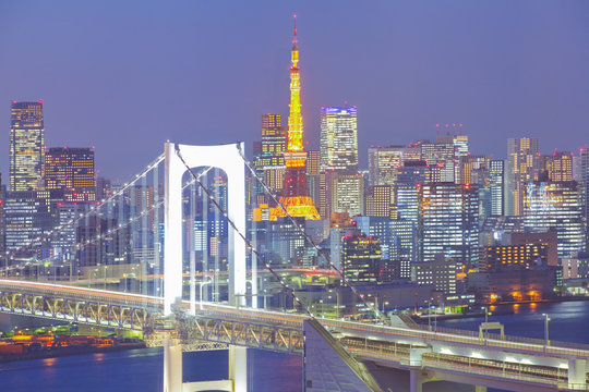 Tokyo rainbow bridge and Tokyo tower at twilight time