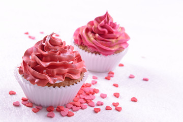 Delicious cupcakes on table close-up
