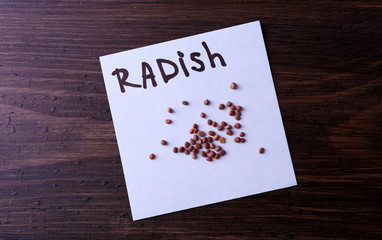 Radish seeds on piece of paper on wooden background