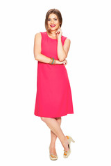 Full body portrait of smiling woman in red dress.