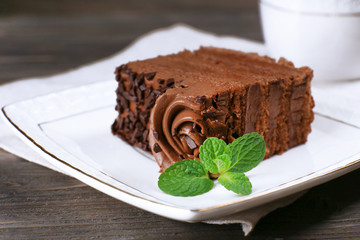 Tasty piece of chocolate cake with mint