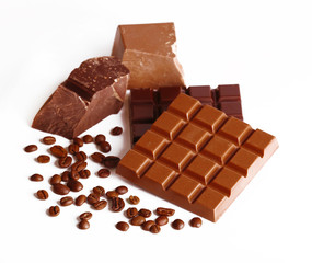 Milk and black chocolate bars with coffee beans isolated