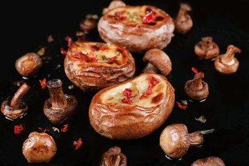 Baked potatoes with mushrooms and spices on pan close up