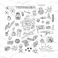 Freehand terrorism doodles on crumpled paper vector illustration