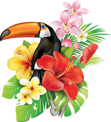 Tropical flowers and toucan © Viktoriia Protsak