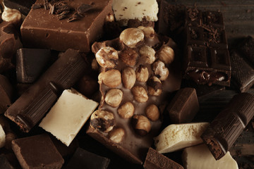 Set of chocolate with hazelnut, closeup
