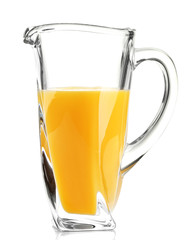 Glass pitcher of orange juice isolated on white