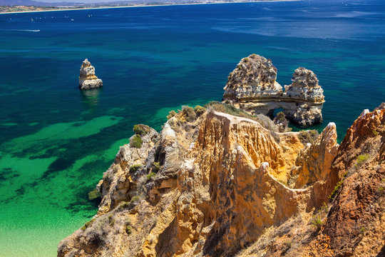 rock formations in the sea, the province of Algarve, Portugal