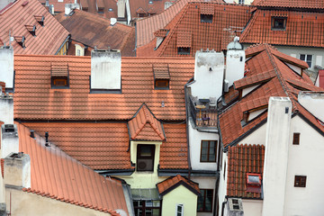 Fototapeta na wymiar High angle view of tile roofs in Prague, Czech Republic.