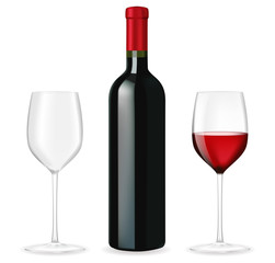 Bottle of red wine with glasses