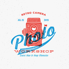 Retro Camera Photo Workshop Label or Logo Template with