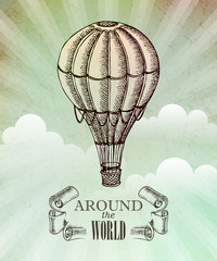 Naklejka premium Aeronautic adventure. Vector vintage illustration with balloon