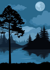 Obraz premium Landscape, Trees, Moon and Mountains