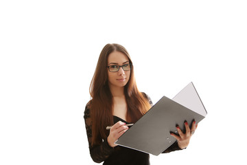 Portrait of smiling business woman with paper folder, isolated o