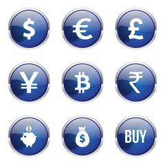 Currency Sign Blue Vector Button Icon Design Set