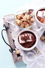 Hot chocolate with marshmallows in mug,