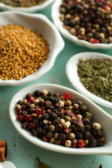 Different kinds of spices in ceramics spoons, close-up,