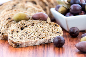 fresh baked olive bread slices