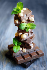 Set of spicy chocolate on wooden background