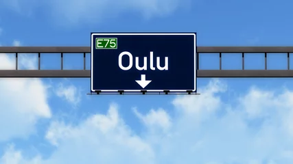 Gordijnen Oulu Finland Highway Road Sign © boscorelli