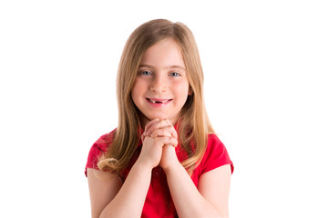 blond indented girl praying hands gesture in white