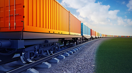 wagon of freight train with containers - obrazy, fototapety, plakaty