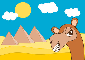 Egypt pyramid and the happy dromedary funny cartoon illustration