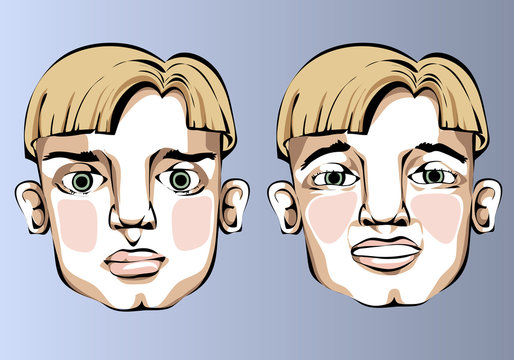 Illustration of different facial expressions of a man with blond