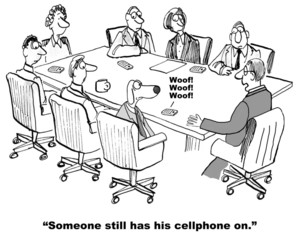 Cartoon of cell phone interrupting business meeting
