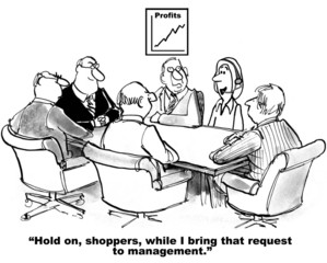 Cartoon of businesswoman bringing shopper request to team.