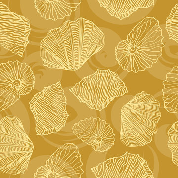 Shells and waves curls. Seamless vector pattern.