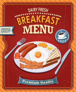 Vintage breakfast poster design with bacon & egg