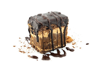 Chocolate cake slice with nut isolated on white background