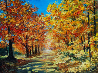 Oil Painting landscape - autumn forest, bright red leaves, blue
