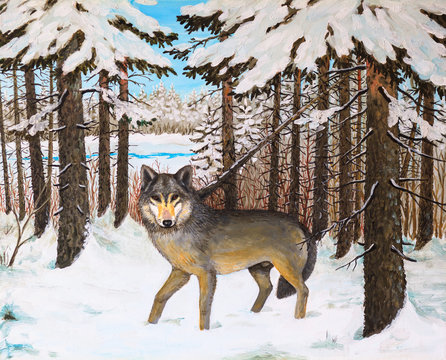 oil painting - wolf in the pine forest, winter, colorful picture