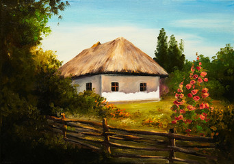 Obraz premium Oil Painting - house in the forest