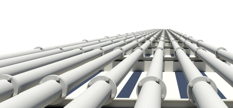 Many white industrial pipes with shadow. Isolated