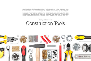 set of tools on white background top view
