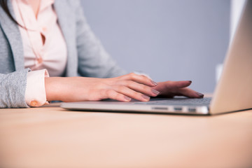 Closeup image of a female hands using laptop