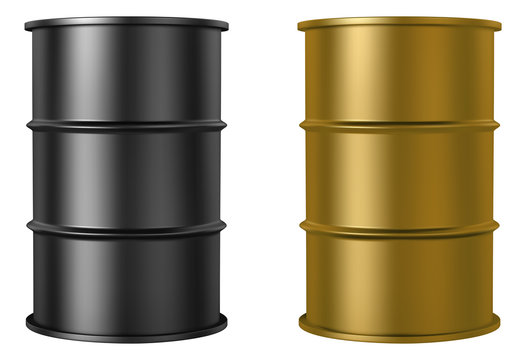 Oil barrels isolated on white background, black and gold color