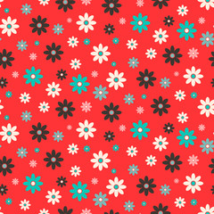 Vector Flat Design Seamless Retro Flowers on Red Background
