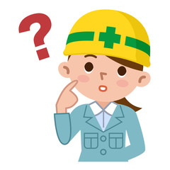 考える若い女性　ヘルメット　作業着