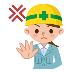 拒否する若い女性　ヘルメット　作業着
