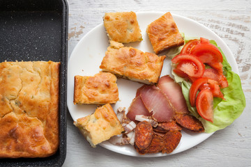 Homemade Egg Pie with Sasuages and Vegetables