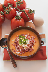 Tomato salmorejo soup in a bowl, spanish food