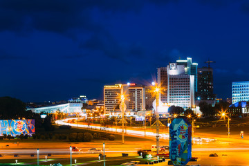 Night Panorama Scene Building In Minsk, Belarus