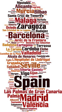 Cities in Spain word cloud concept. Vector illustration