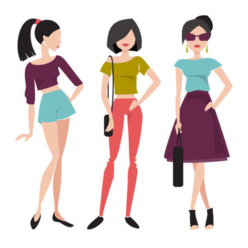 Three fashionable girl. Flat vector illustration