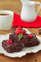 Fresh Delicious Chocolate brownie with raspberry